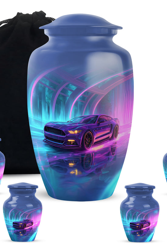 Pastel Blue Car Cremation Urn top-down view of secure threaded lid - classic sculpted car pattern on smooth aluminum - memorial set with one large and four small urns