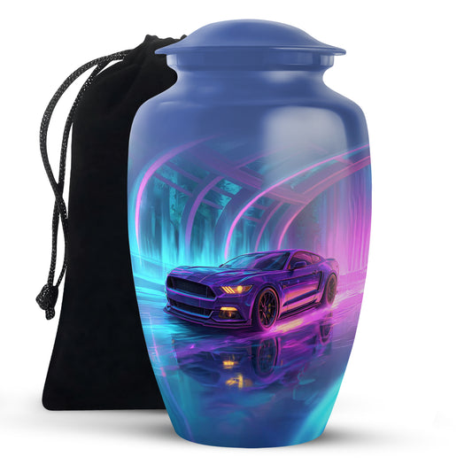Steel Blue Car Cremation Urn angled view of lid and engraved motif - elegant classic car relief with fine detailing - full-size 10 inch 200 cubic inch adult cremation urn