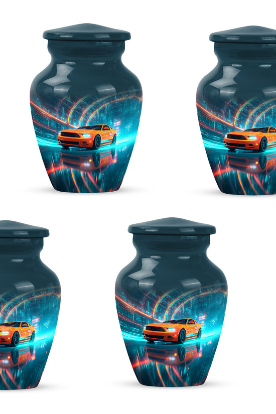Pastel Blue Car Cremation Urn side profile showing urn shape - classic sculpted car pattern on smooth aluminum - 10 inch aluminum urn for cremated remains