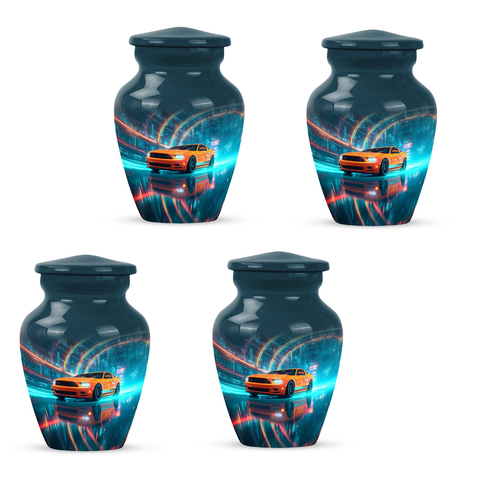 Pastel Blue Car Cremation Urn side profile showing urn shape - classic sculpted car pattern on smooth aluminum - 10 inch aluminum urn for cremated remains