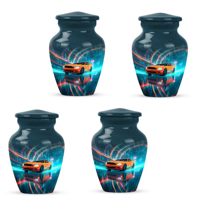 Pastel Blue Car Cremation Urn side profile showing urn shape - classic sculpted car pattern on smooth aluminum - 10 inch aluminum urn for cremated remains