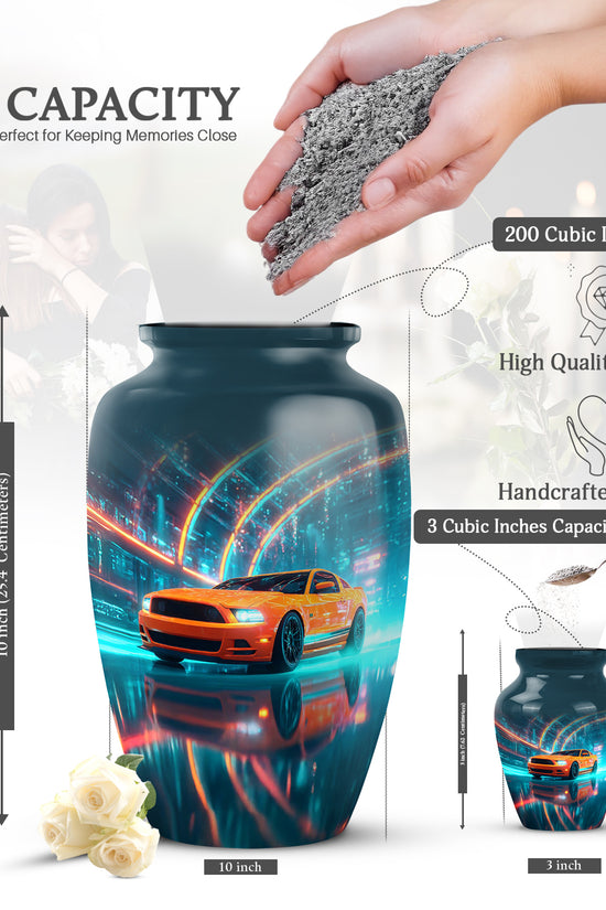 Sapphire Blue Car Cremation Urn close-up of engraving and surface detail - traditional car engraving with hand-polished finish - mini keepsake memorial for portion of cremation ashes