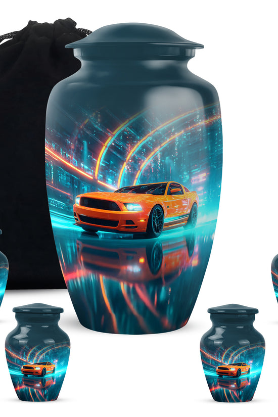 Sapphire Blue Car Cremation Urn top-down view of secure threaded lid - traditional car engraving with hand-polished finish - memorial set with one large and four small urns