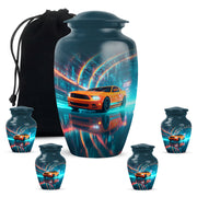 Sapphire Blue Car Cremation Urn top-down view of secure threaded lid - traditional car engraving with hand-polished finish - memorial set with one large and four small urns