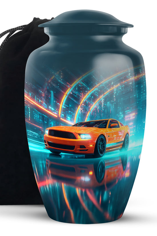 Calming Blue Car Cremation Urn angled view of lid and engraved motif - elegant classic car relief with fine detailing - full-size 10 inch 200 cubic inch adult cremation urn