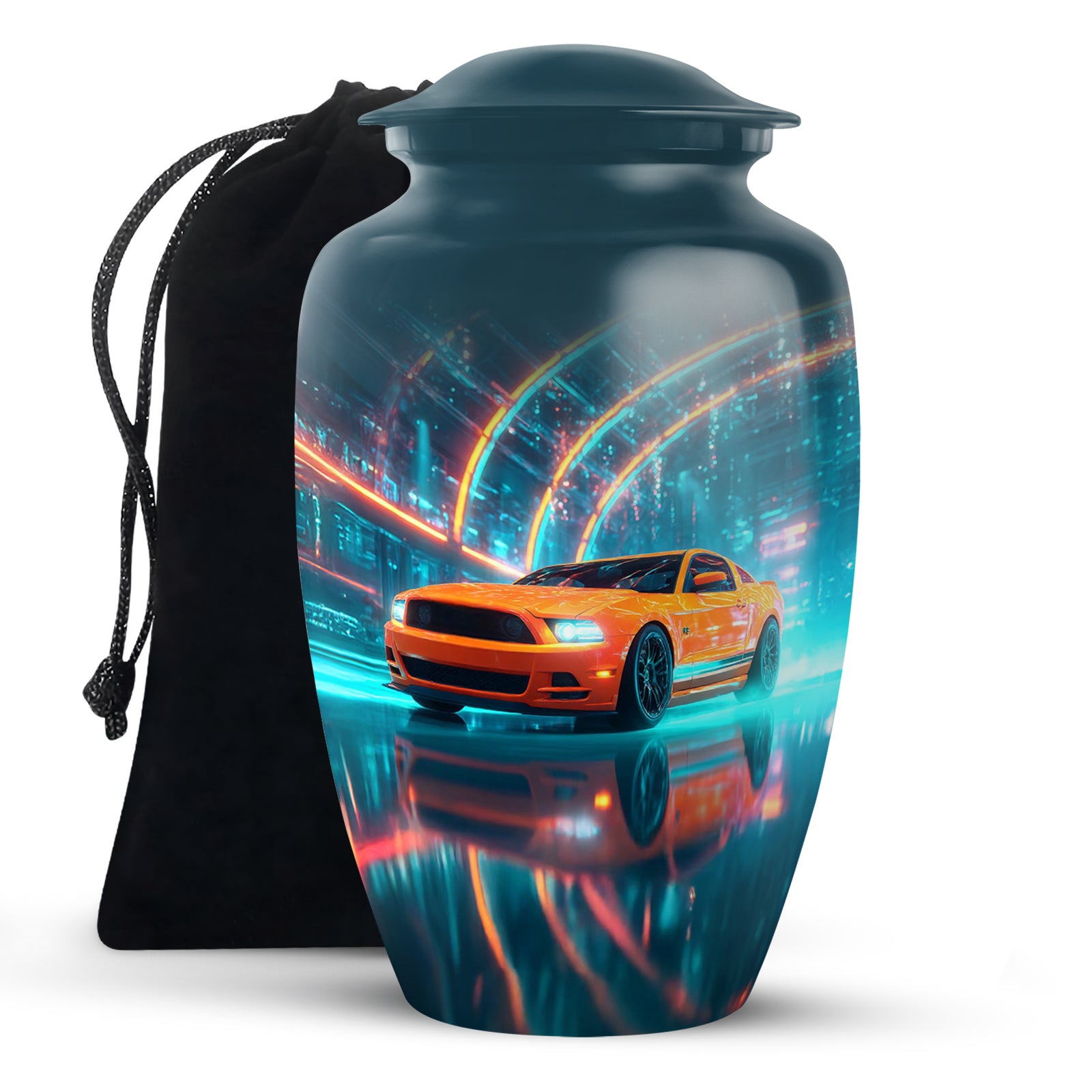 Calming Blue Car Cremation Urn angled view of lid and engraved motif - elegant classic car relief with fine detailing - full-size 10 inch 200 cubic inch adult cremation urn