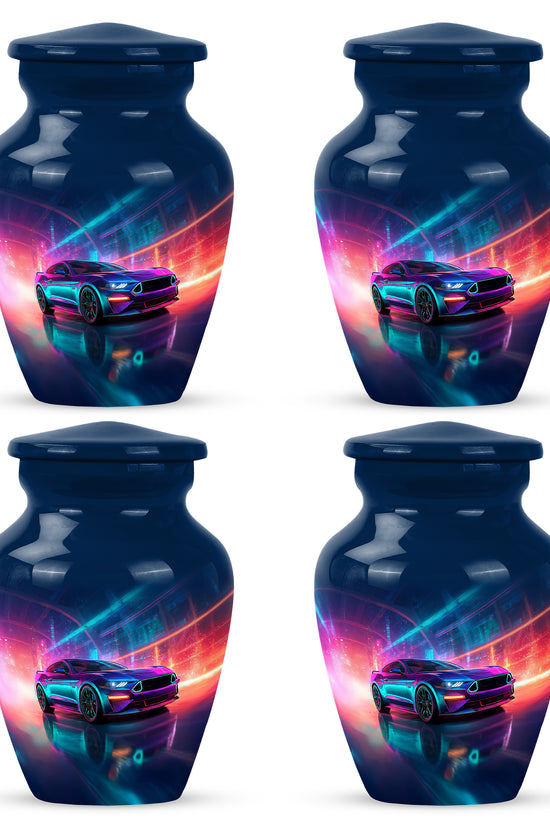 Serene Blue Car Cremation Urn side profile showing urn shape - elegant classic car relief with fine detailing - 10 inch aluminum urn for cremated remains