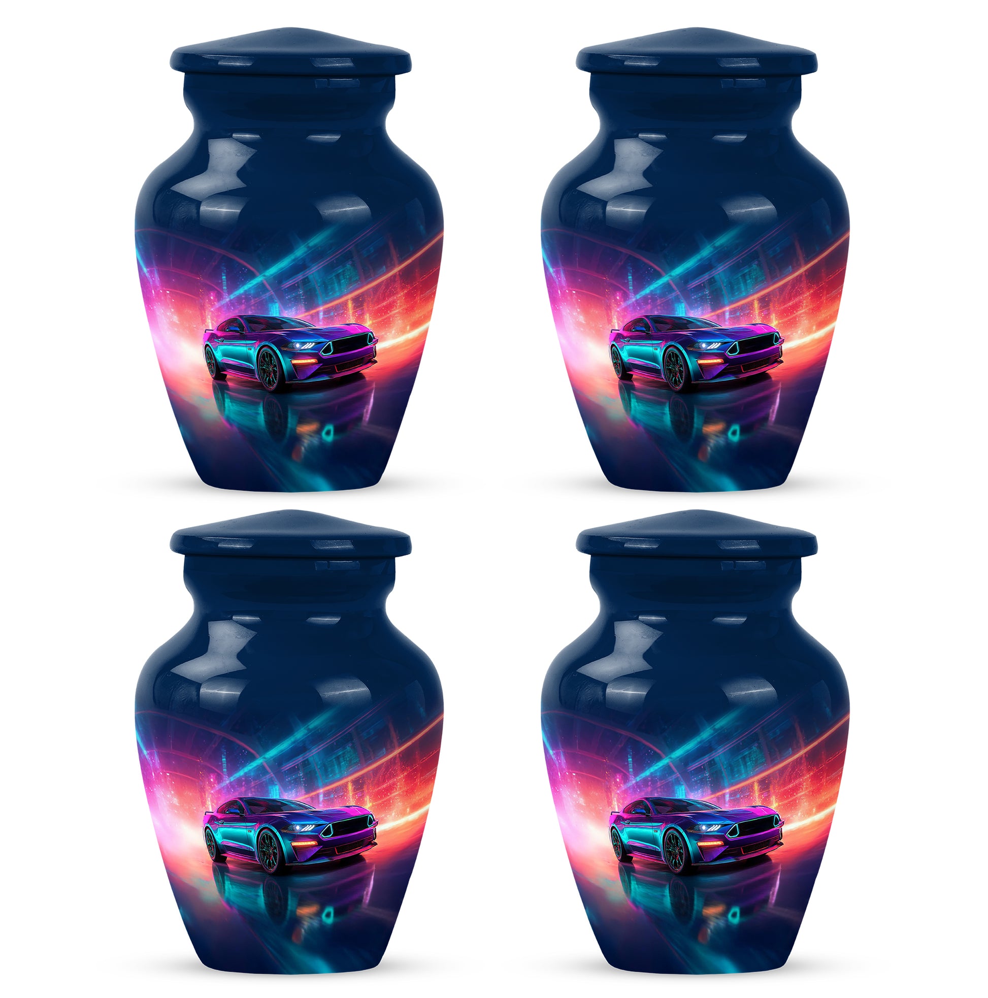 Serene Blue Car Cremation Urn side profile showing urn shape - elegant classic car relief with fine detailing - 10 inch aluminum urn for cremated remains