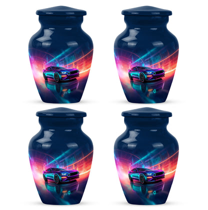 Serene Blue Car Cremation Urn side profile showing urn shape - elegant classic car relief with fine detailing - 10 inch aluminum urn for cremated remains