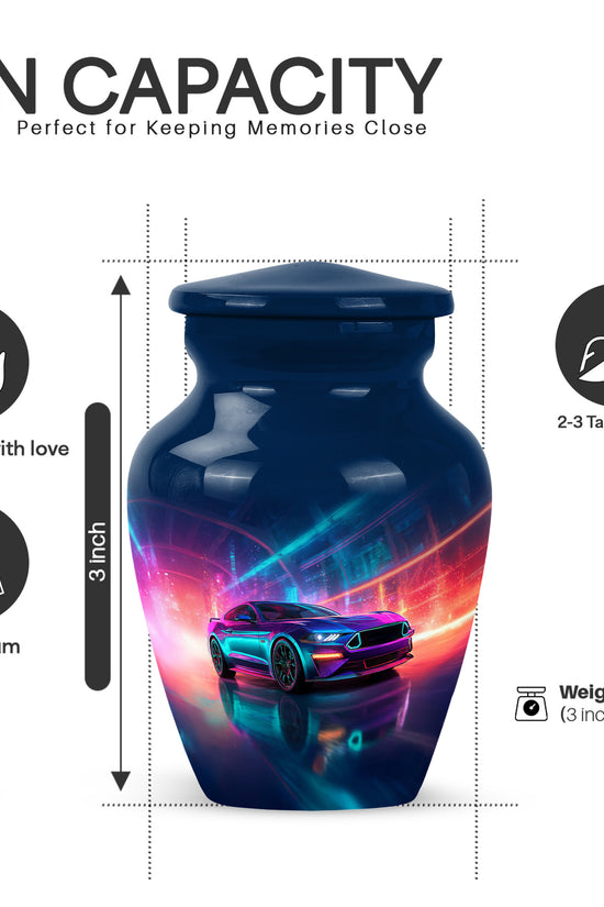 Vivid Blue Car Cremation Urn close-up of engraving and surface detail - elegant classic car relief with fine detailing - mini keepsake memorial for portion of cremation ashes