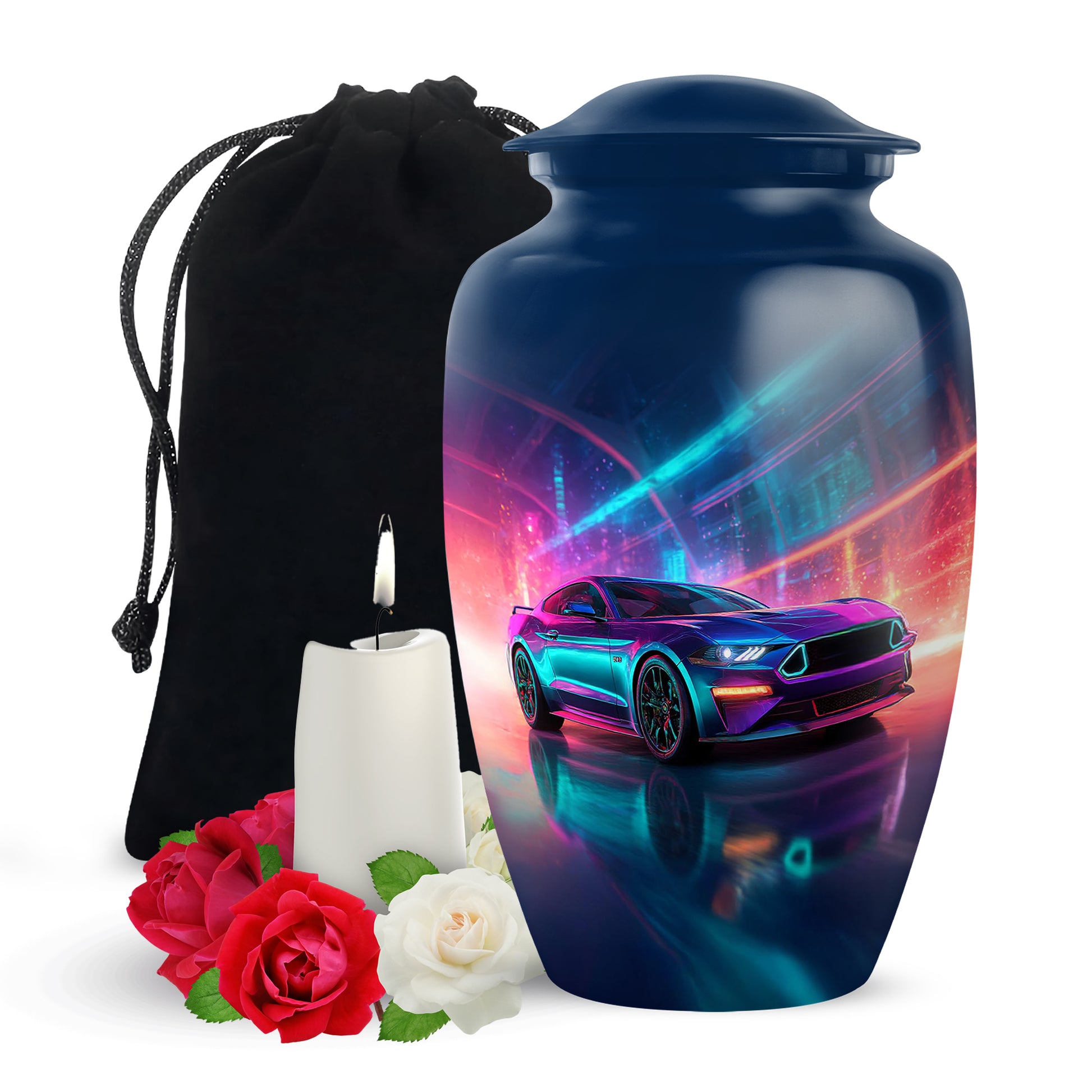 Serene Blue Car Cremation Urn angled view of lid and engraved motif - elegant classic car relief with fine detailing - full-size 10 inch 200 cubic inch adult cremation urn