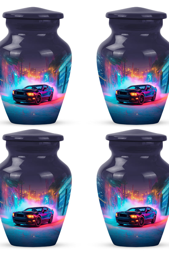 Misty Blue Car Cremation Urn side profile showing urn shape - timeless car motif etched into premium metal - 10 inch aluminum urn for cremated remains