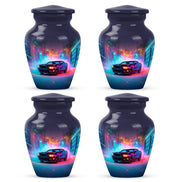 Misty Blue Car Cremation Urn side profile showing urn shape - timeless car motif etched into premium metal - 10 inch aluminum urn for cremated remains