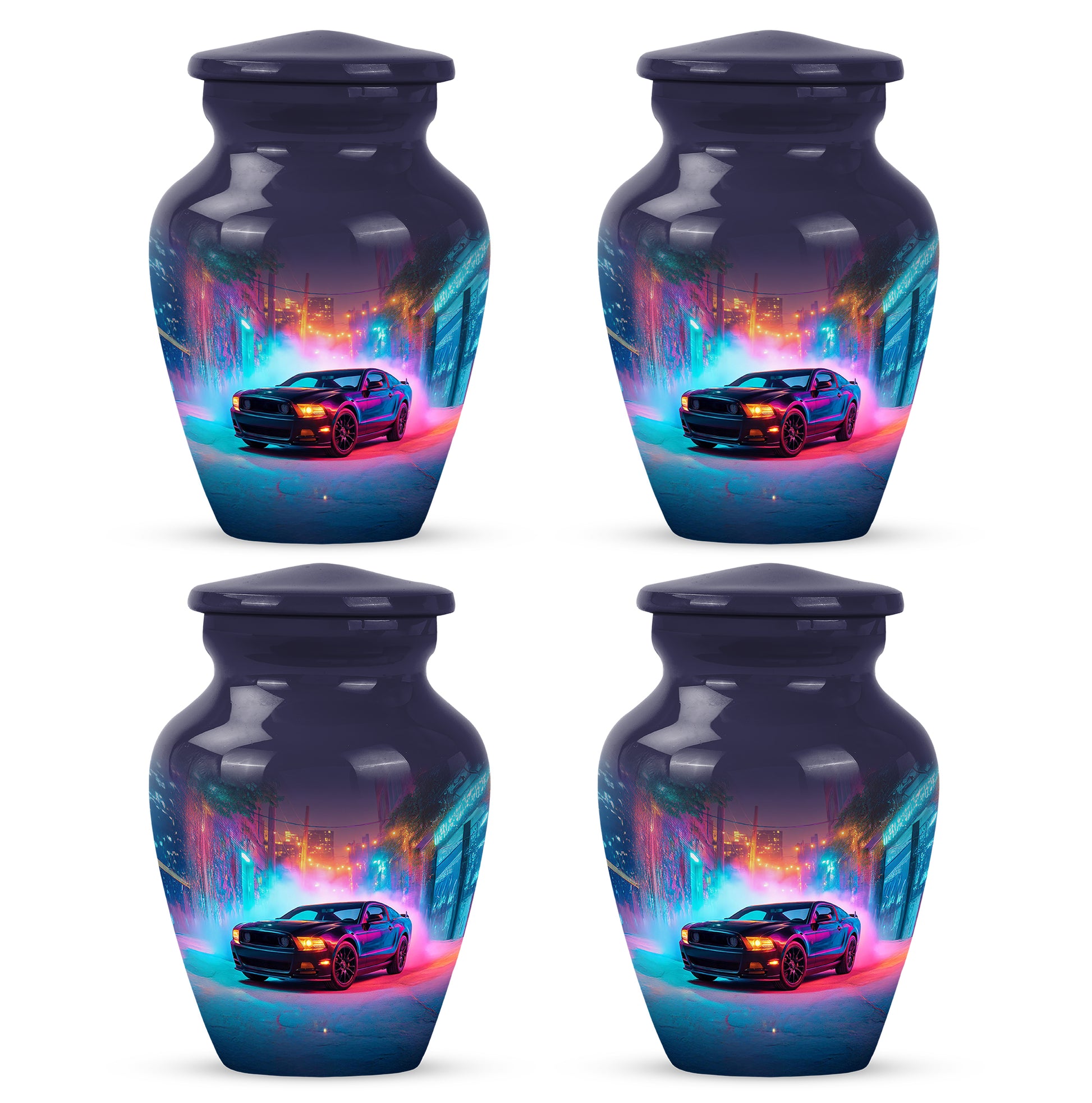 Misty Blue Car Cremation Urn side profile showing urn shape - timeless car motif etched into premium metal - 10 inch aluminum urn for cremated remains