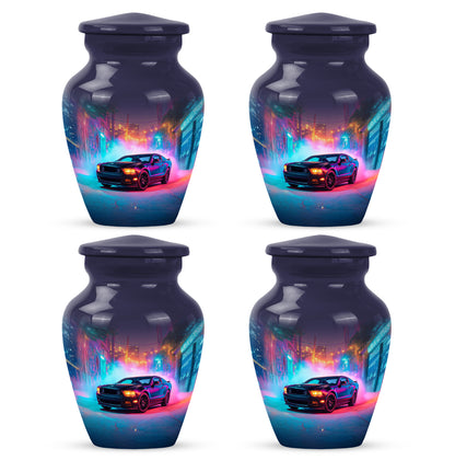 Misty Blue Car Cremation Urn side profile showing urn shape - timeless car motif etched into premium metal - 10 inch aluminum urn for cremated remains