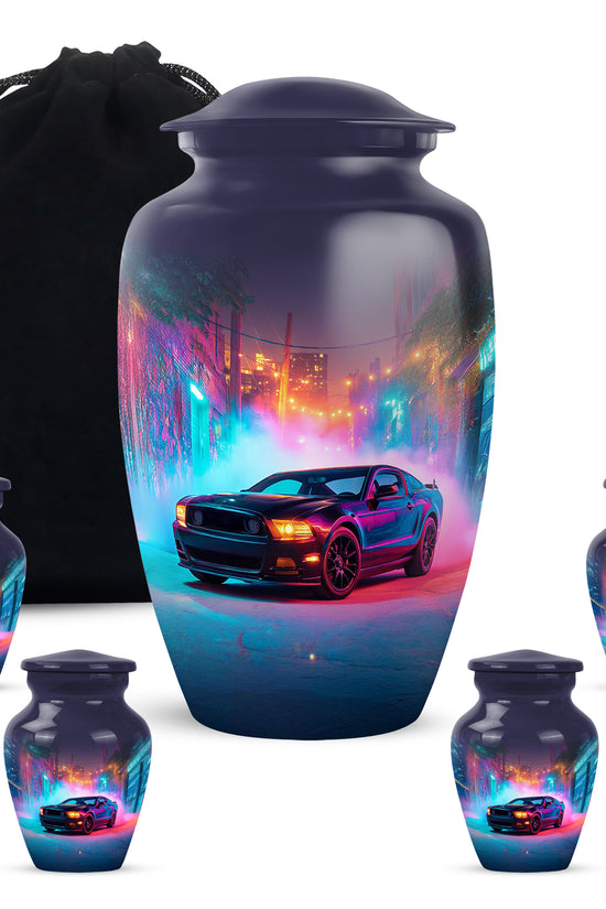 Vivid Blue Car Cremation Urn top-down view of secure threaded lid - elegant classic car relief with fine detailing - memorial set with one large and four small urns