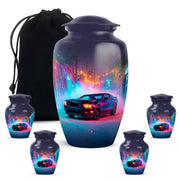Vivid Blue Car Cremation Urn top-down view of secure threaded lid - elegant classic car relief with fine detailing - memorial set with one large and four small urns