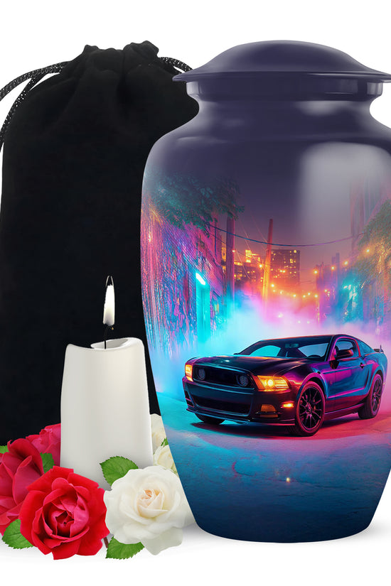 Sapphire Blue Car Cremation Urn angled view of lid and engraved motif - elegant classic car relief with fine detailing - full-size 10 inch 200 cubic inch adult cremation urn