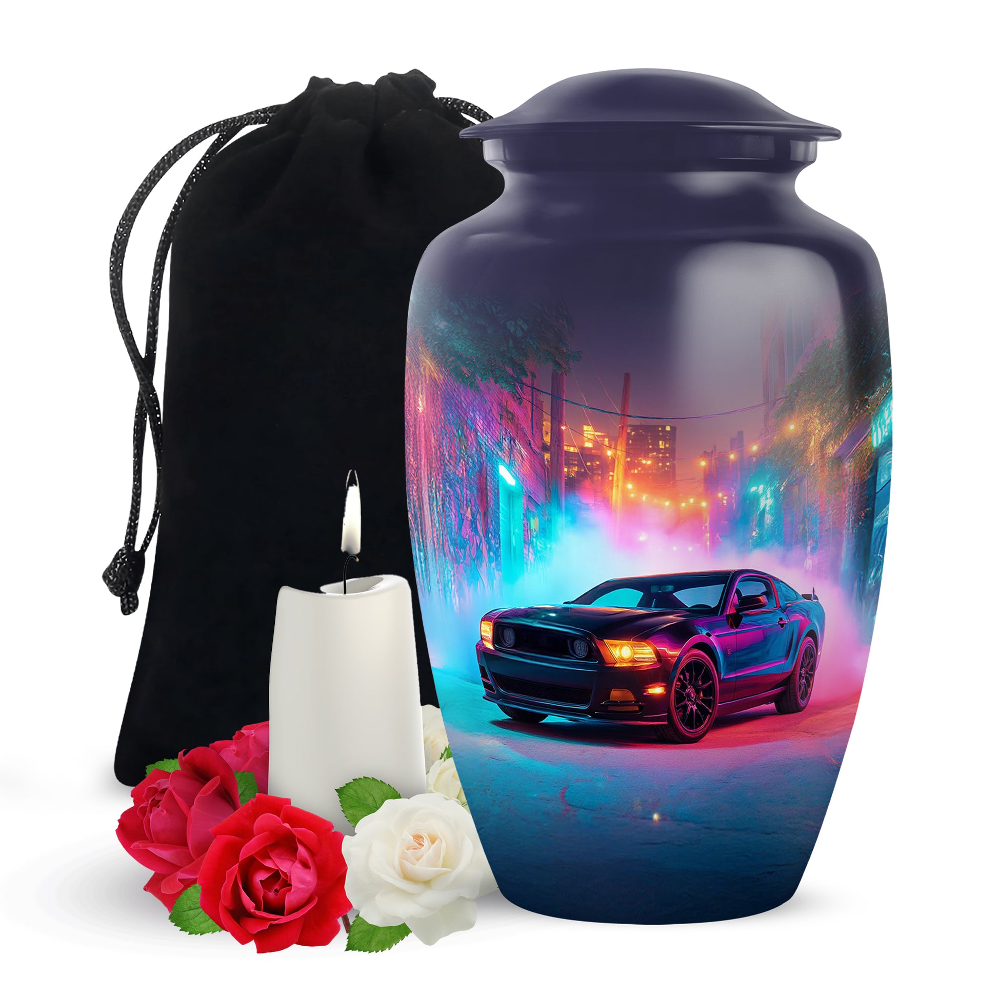Sapphire Blue Car Cremation Urn angled view of lid and engraved motif - elegant classic car relief with fine detailing - full-size 10 inch 200 cubic inch adult cremation urn