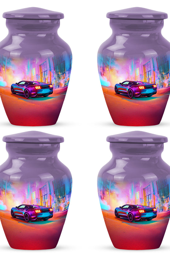 Majestic Purple Car Cremation Urn side profile showing urn shape - timeless car motif etched into premium metal - 10 inch aluminum urn for cremated remains