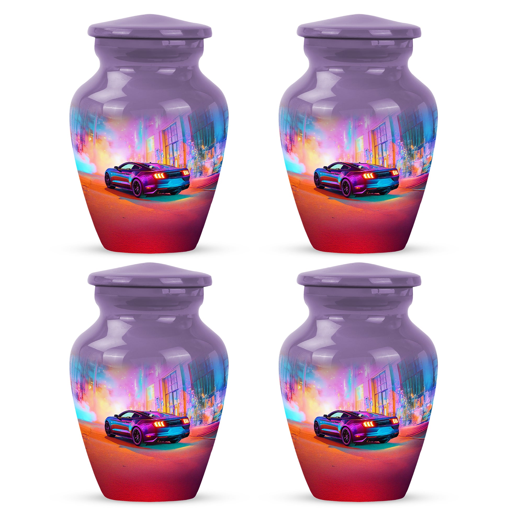 Majestic Purple Car Cremation Urn side profile showing urn shape - timeless car motif etched into premium metal - 10 inch aluminum urn for cremated remains
