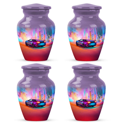 Majestic Purple Car Cremation Urn side profile showing urn shape - timeless car motif etched into premium metal - 10 inch aluminum urn for cremated remains