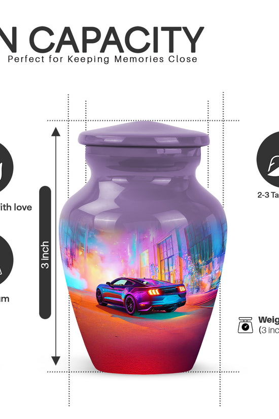 Deep Purple Car Cremation Urn close-up of engraving and surface detail - timeless car motif etched into premium metal - mini keepsake memorial for portion of cremation ashes
