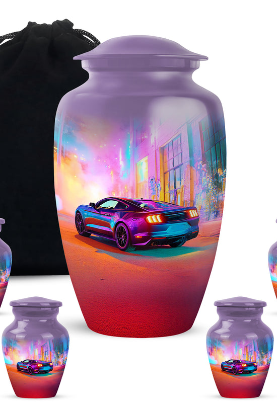 Grape Purple Car Cremation Urn top-down view of secure threaded lid - traditional car engraving with hand-polished finish - memorial set with one large and four small urns
