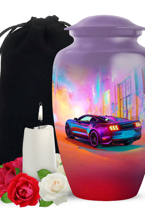 Majestic Purple Car Cremation Urn angled view of lid and engraved motif - classic sculpted car pattern on smooth aluminum - full-size 10 inch 200 cubic inch adult cremation urn