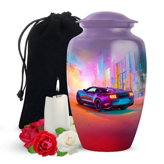 Majestic Purple Car Cremation Urn angled view of lid and engraved motif - classic sculpted car pattern on smooth aluminum - full-size 10 inch 200 cubic inch adult cremation urn