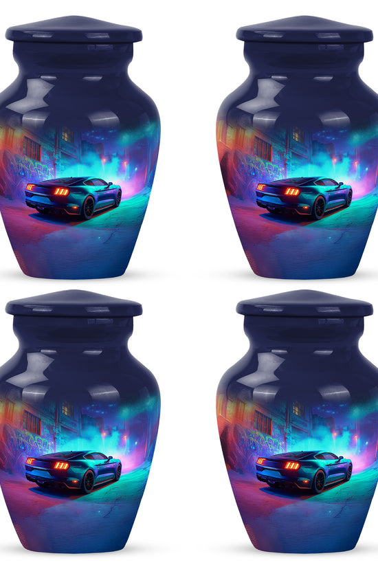 Slate Blue Car Cremation Urn side profile showing urn shape - timeless car motif etched into premium metal - 10 inch aluminum urn for cremated remains