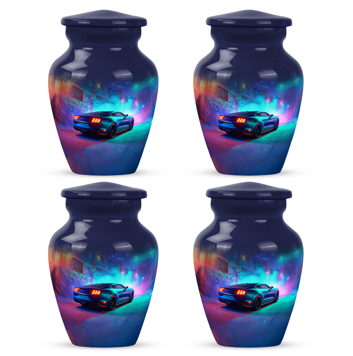 Slate Blue Car Cremation Urn side profile showing urn shape - timeless car motif etched into premium metal - 10 inch aluminum urn for cremated remains