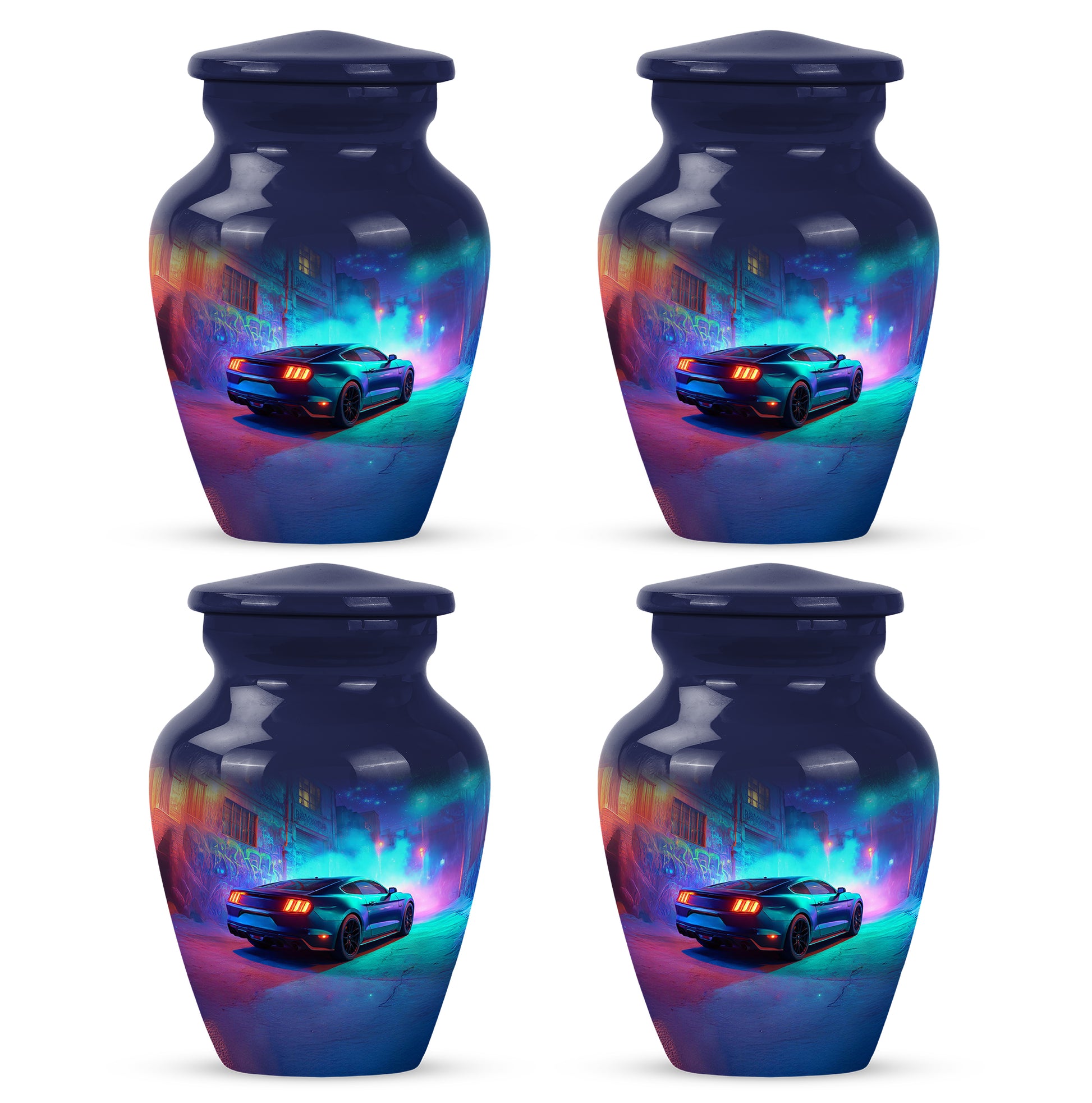 Slate Blue Car Cremation Urn side profile showing urn shape - timeless car motif etched into premium metal - 10 inch aluminum urn for cremated remains