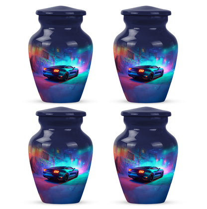 Slate Blue Car Cremation Urn side profile showing urn shape - timeless car motif etched into premium metal - 10 inch aluminum urn for cremated remains