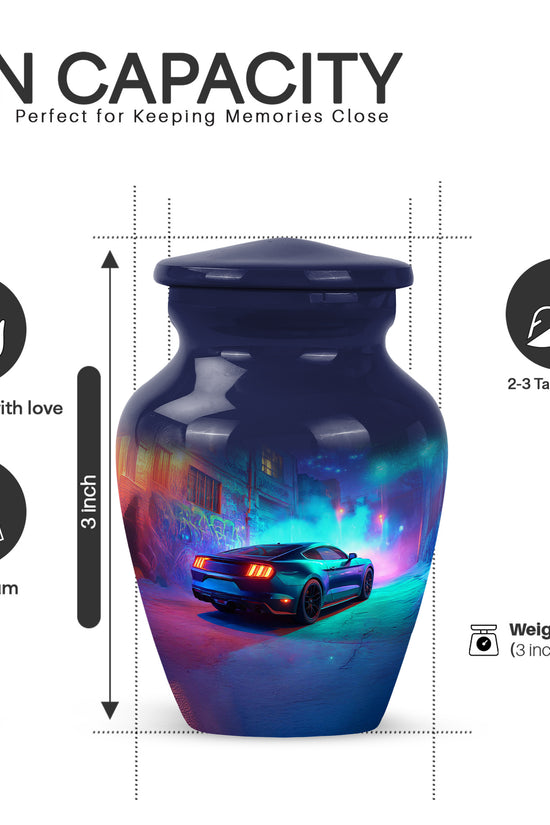 Cobalt Blue Car Cremation Urn close-up of engraving and surface detail - traditional car engraving with hand-polished finish - mini keepsake memorial for portion of cremation ashes