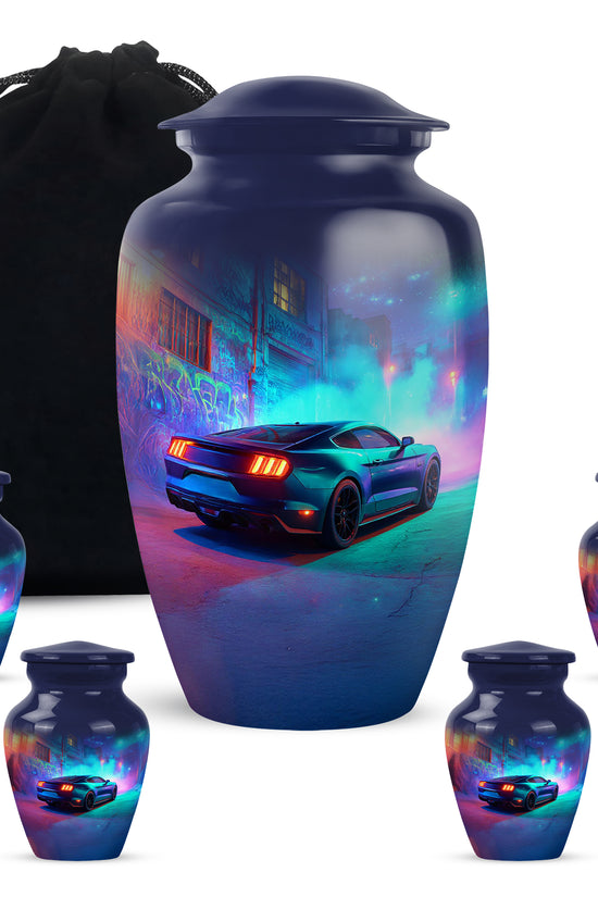 Cornflower Blue Car Cremation Urn top-down view of secure threaded lid - traditional car engraving with hand-polished finish - memorial set with one large and four small urns
