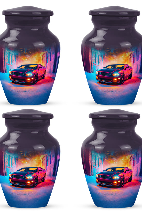 Plum Purple Car Cremation Urn side profile showing urn shape - timeless car motif etched into premium metal - 10 inch aluminum urn for cremated remains
