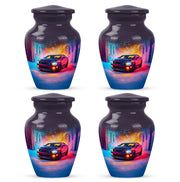 Plum Purple Car Cremation Urn side profile showing urn shape - timeless car motif etched into premium metal - 10 inch aluminum urn for cremated remains