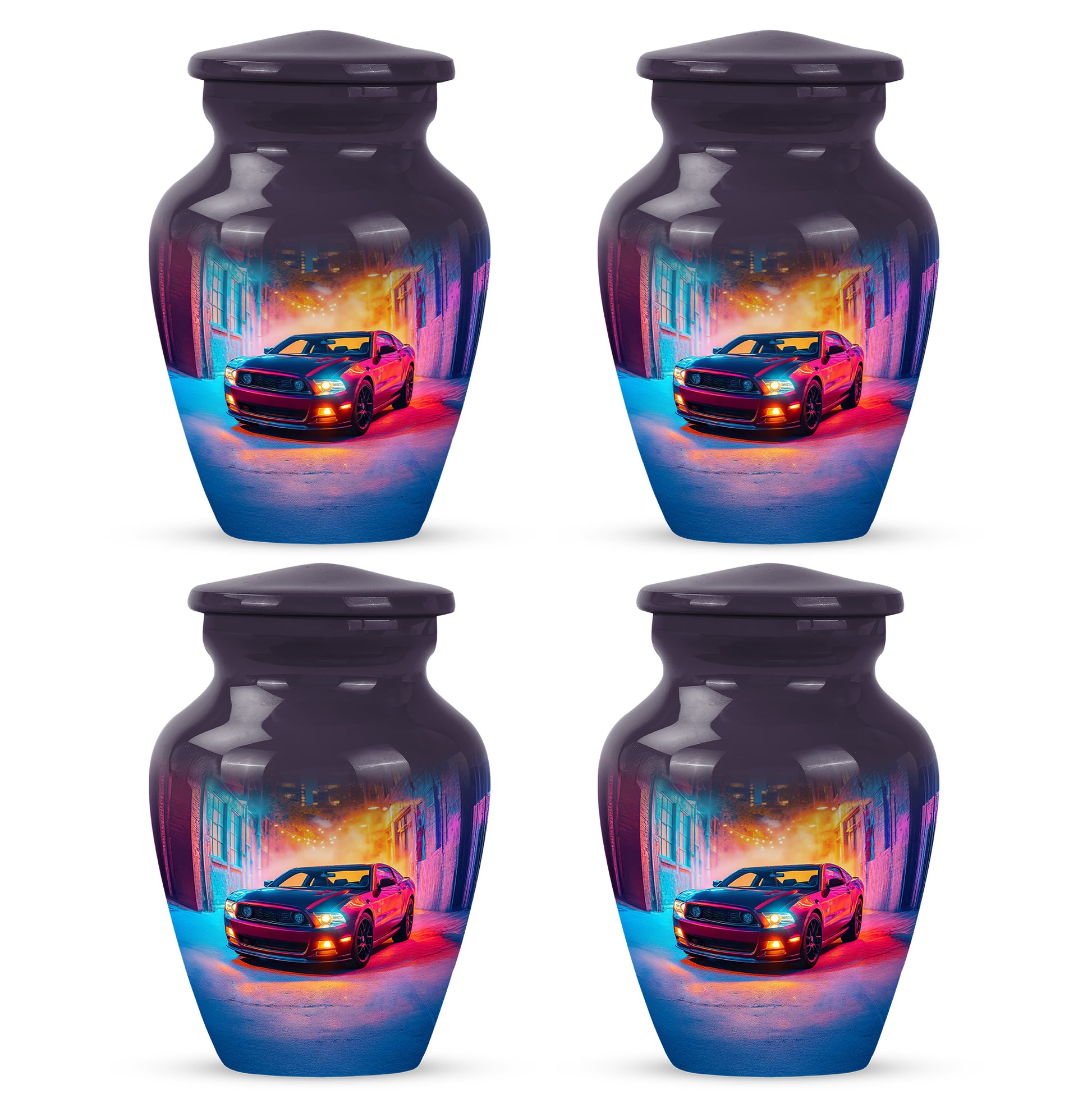 Plum Purple Car Cremation Urn side profile showing urn shape - timeless car motif etched into premium metal - 10 inch aluminum urn for cremated remains