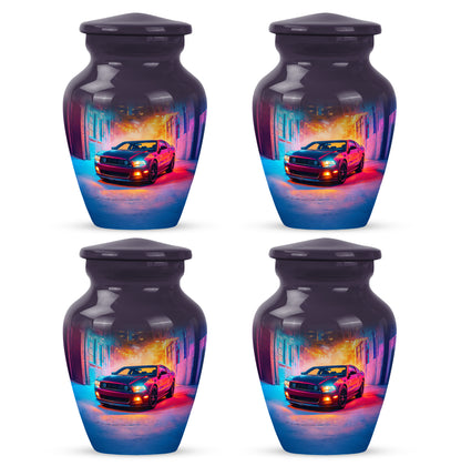 Plum Purple Car Cremation Urn side profile showing urn shape - timeless car motif etched into premium metal - 10 inch aluminum urn for cremated remains
