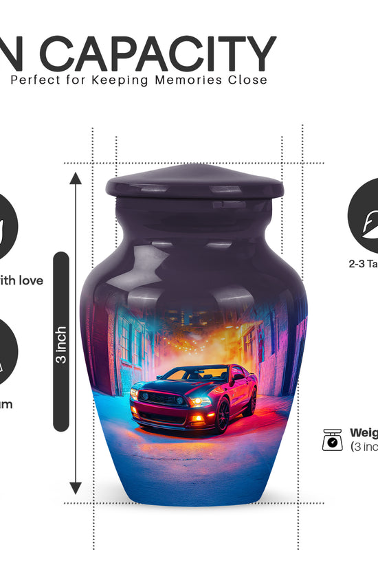 Amethyst Purple Car Cremation Urn close-up of engraving and surface detail - timeless car motif etched into premium metal - mini keepsake memorial for portion of cremation ashes