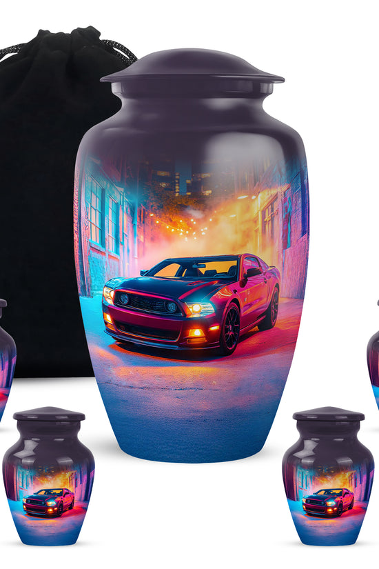 Orchid Purple Car Cremation Urn top-down view of secure threaded lid - classic sculpted car pattern on smooth aluminum - memorial set with one large and four small urns