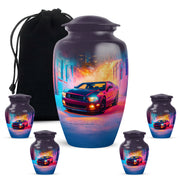 Orchid Purple Car Cremation Urn top-down view of secure threaded lid - classic sculpted car pattern on smooth aluminum - memorial set with one large and four small urns