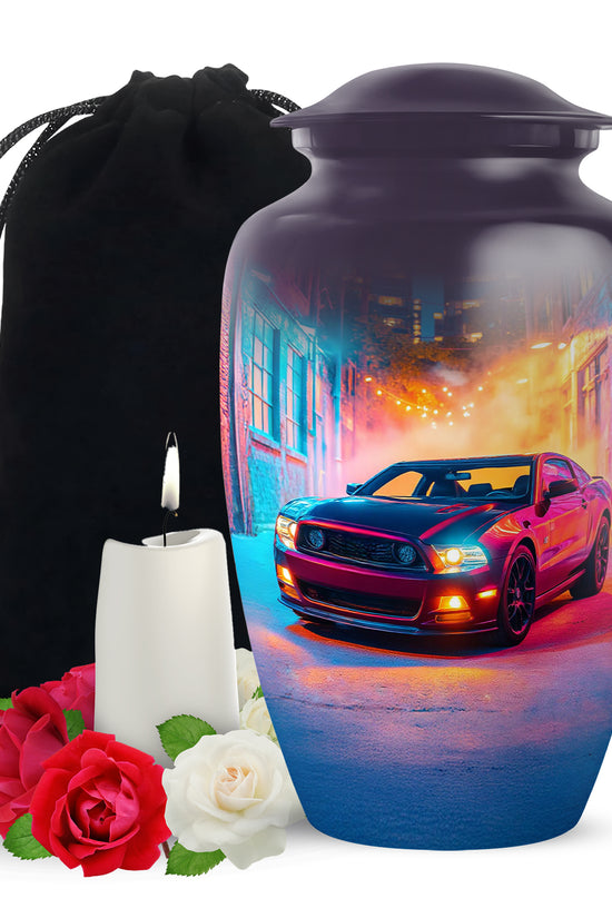 Orchid Purple Car Cremation Urn angled view of lid and engraved motif - classic sculpted car pattern on smooth aluminum - full-size 10 inch 200 cubic inch adult cremation urn