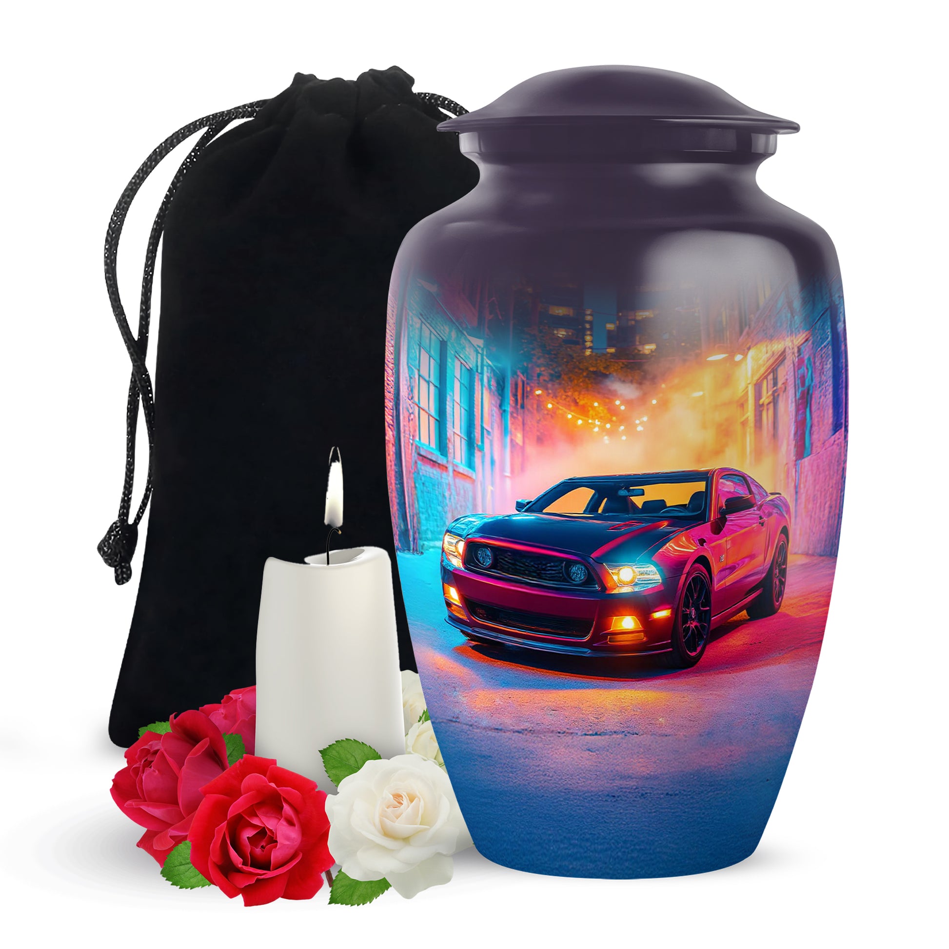 Orchid Purple Car Cremation Urn angled view of lid and engraved motif - classic sculpted car pattern on smooth aluminum - full-size 10 inch 200 cubic inch adult cremation urn