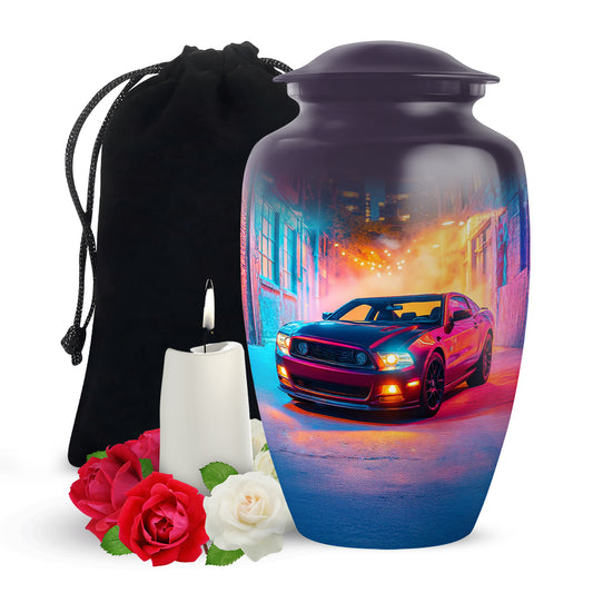 Orchid Purple Car Cremation Urn angled view of lid and engraved motif - classic sculpted car pattern on smooth aluminum - full-size 10 inch 200 cubic inch adult cremation urn