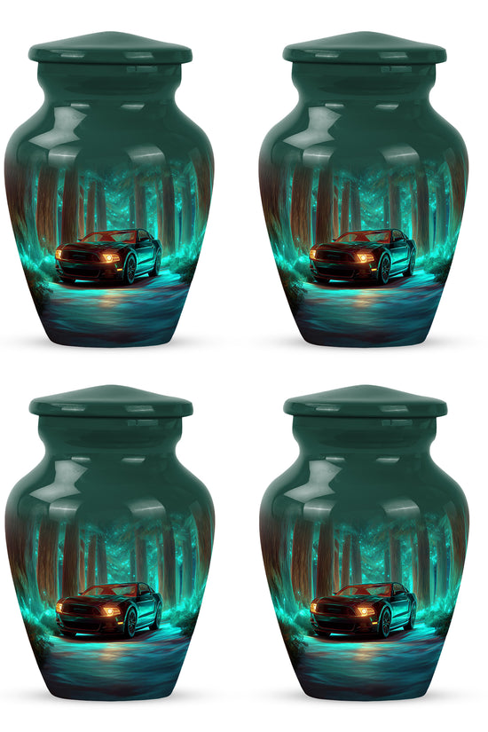 Ocean Teal Car Cremation Urn side profile showing urn shape - timeless car motif etched into premium metal - 10 inch aluminum urn for cremated remains