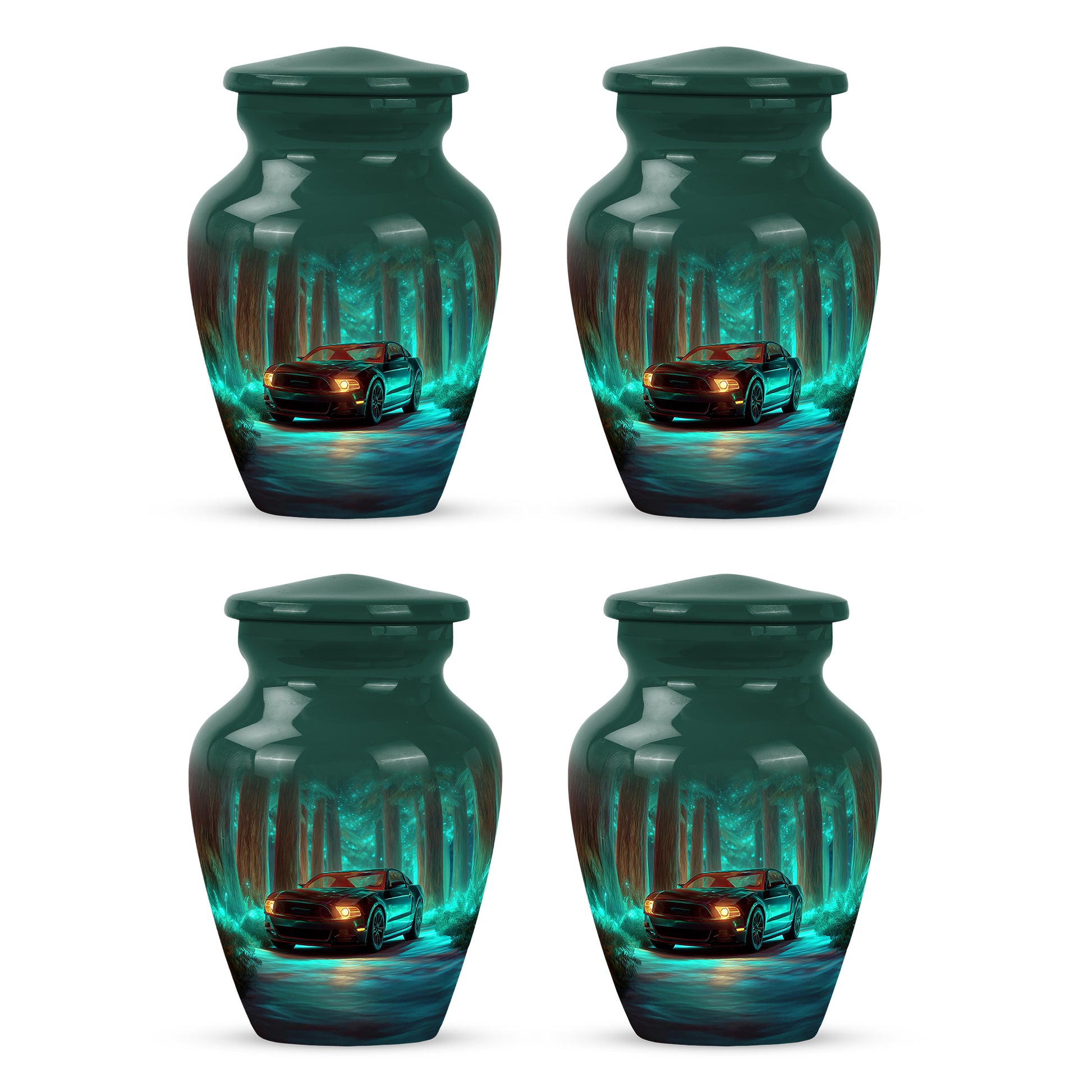 Ocean Teal Car Cremation Urn side profile showing urn shape - timeless car motif etched into premium metal - 10 inch aluminum urn for cremated remains