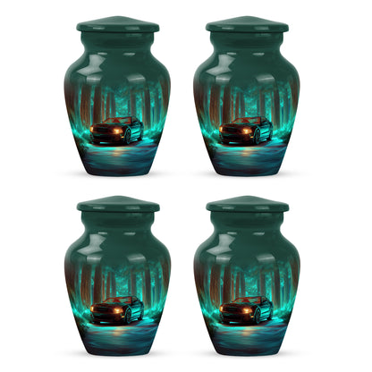 Ocean Teal Car Cremation Urn side profile showing urn shape - timeless car motif etched into premium metal - 10 inch aluminum urn for cremated remains