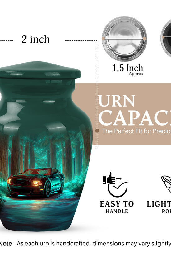 Cool Teal Car Cremation Urn close-up of engraving and surface detail - classic sculpted car pattern on smooth aluminum - mini keepsake memorial for portion of cremation ashes